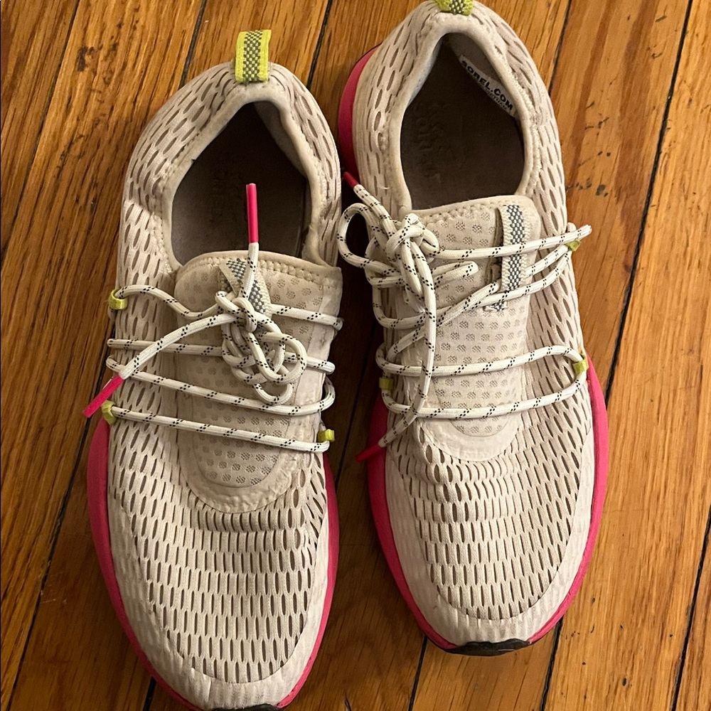 Sorel Beige Athletic Sneakers with Pink Trim and Neon Accents